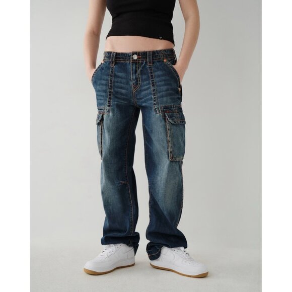 True Religion Big T Cargo Pants Women’s 29 Low Rise Baggy Jeans Embroidered Y2K - Picture 10 of 16